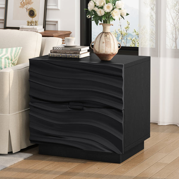 English Elm Farmhouse Nightstand Pine Wood Four Drawer Storage with Pull Out Tray Gourd Legs Black W1716P391020