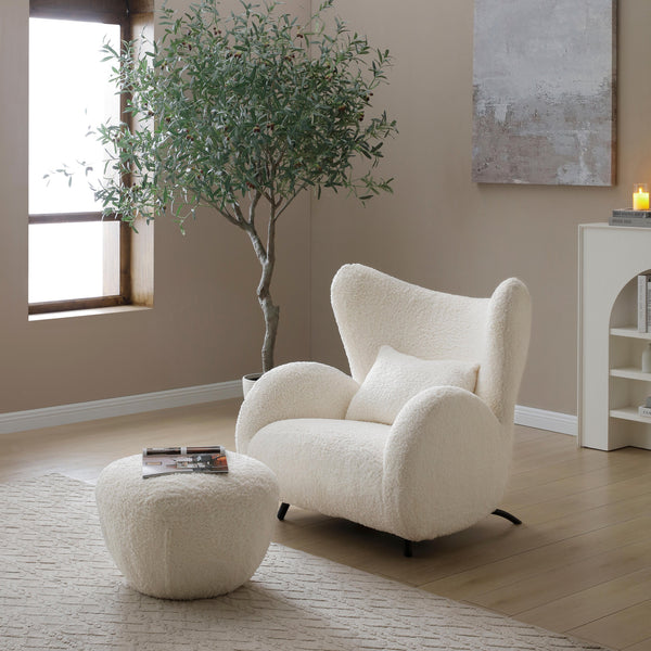 English Elm Modern Wingback Teddy Fabric Accent Chair with Ottoman Plush Ivory Reading Set W2664P347217