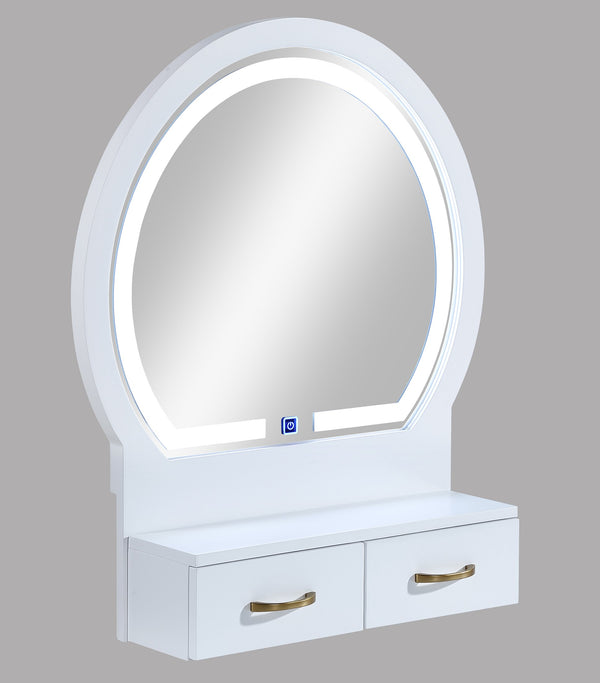 English Elm 3pc Vanity Set with LED Mirror and Cushioned Stool, Gold-Accented Handles, Sleek Modern Dressing Table White 21.75 L x 33.25 W x 13.5 H B011P378511