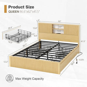 English Elm Queen Storage Bed Oak Finish Sliding Barn Door Headboard with Built-in Charging T3773P417190