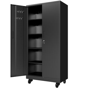 English Elm Heavy Steel Garage Cabinet with Pegboard Doors Locking Wheels and Adjustable Shelving T2398P465997