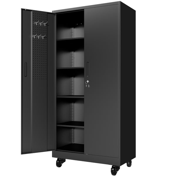 English Elm Heavy Steel Garage Cabinet with Pegboard Doors Locking Wheels and Adjustable Shelving T2398P465997