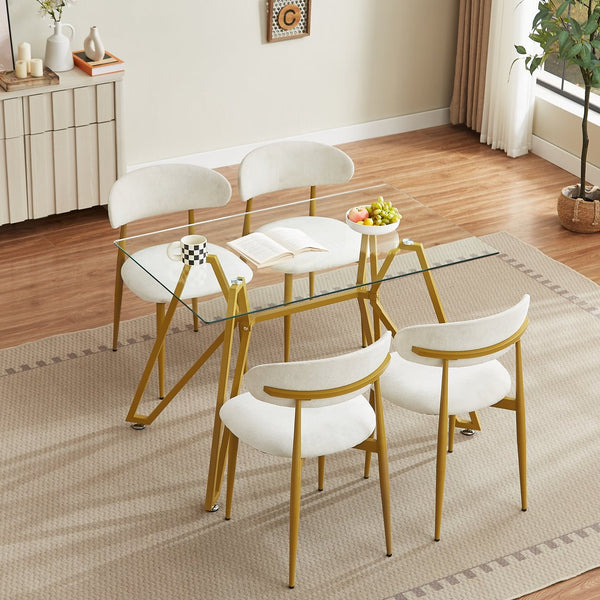 English Elm 47.3-inch Glass Dining Table with Gold Metal Legs, Modern 47.3"L x29.5"W x30.3"H, Seats 1-6, 200 lb Capacity W1162P306711