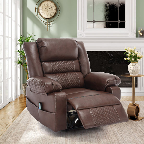 English Elm Breathable Leather Massage Recliner with 8-Point Massage, Heated Lumbar, 4-Zone Relief & Pockets Brown W1403P156677