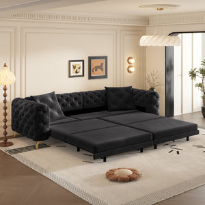 English Elm 97.6" Oversized Velvet Chesterfield Sleeper Sofa Floral Tufted Roll Arm Living Room Couch Black W1885S00410