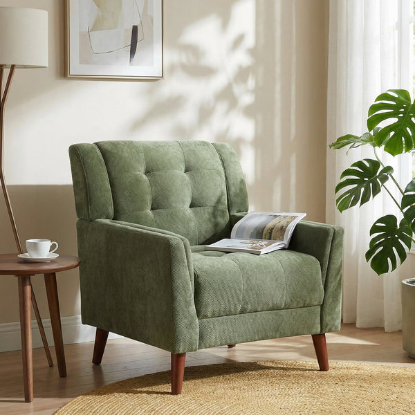 English Elm Mid-century Waffle Tufted Club Chair Solid Wood Splayed Legs Reading Lounge Accent Green,Walnut N776P379535G