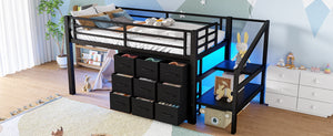 English Elm Twin Metal Low Loft Bed with Storage Stairs Fabric Drawers and Built-in Lights Black W5305S00045