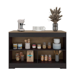 English Elm Wenge Finish Kitchen Island with Three Open Shelves for Modern Loft Organization B062S01860