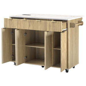 English Elm K&k Fluted Rolling Kitchen Island Faux Marble Top Power Outlet Storage Drawers Natural N707P353945Y