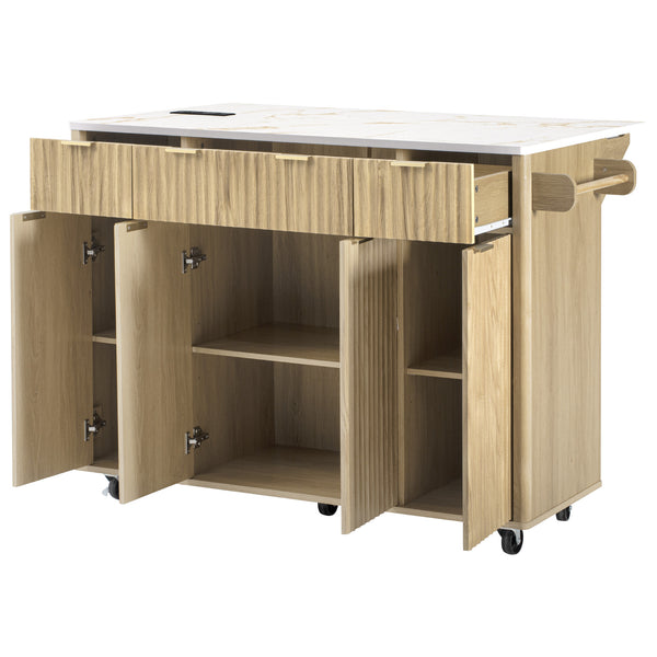 English Elm K&k Fluted Rolling Kitchen Island Faux Marble Top Power Outlet Storage Drawers Natural N707P353945Y