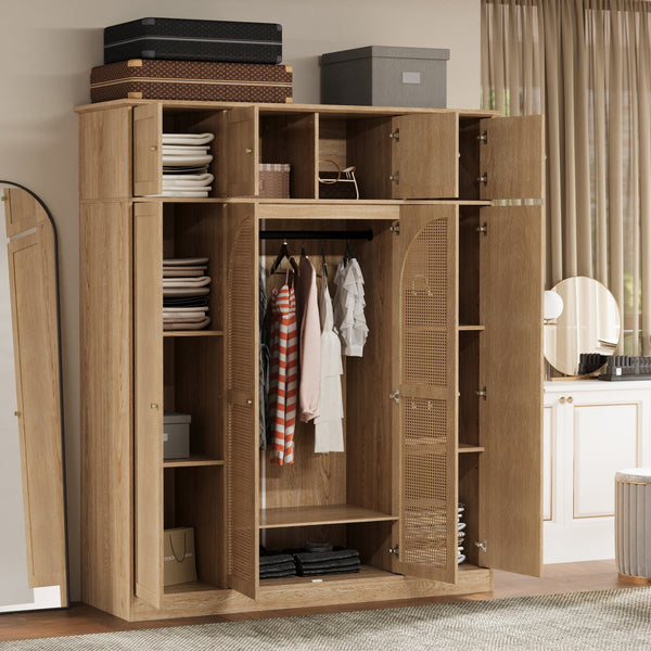 English Elm 70.87"tall Rattan Door Armoire Freestanding Wardrobe with Adjustable Shelves Hanging Rod Natural W757S00054