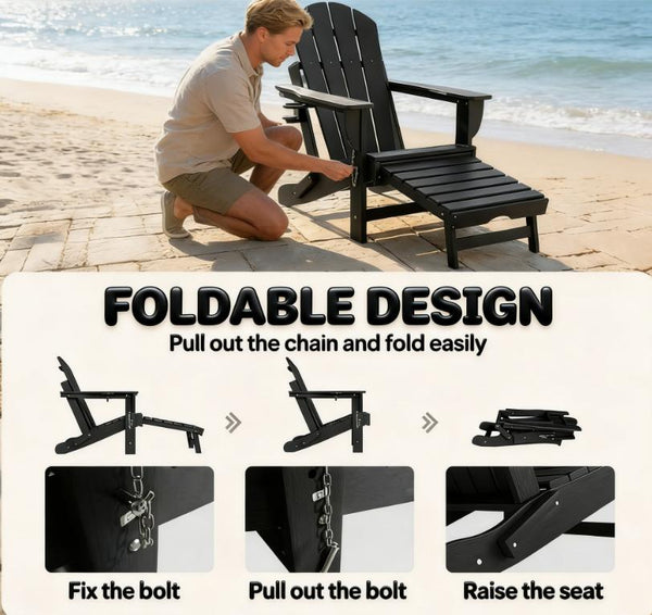 English Elm Folding Hdpe Adirondack Chair Set of 2 with Footrest for Patio Fire Pit Lounging Black T3971P476043