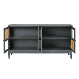 English Elm Retro 4-Door Sideboard with Spacious Adjustable Shelves, Solid Wood Legs, Spray-Painted MDF Finish Antique Dark Grey,Rattan W2696P256247