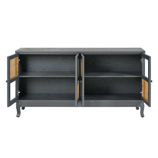 English Elm Retro 4-Door Sideboard with Spacious Adjustable Shelves, Solid Wood Legs, Spray-Painted MDF Finish Antique Dark Grey,Rattan W2696P256247