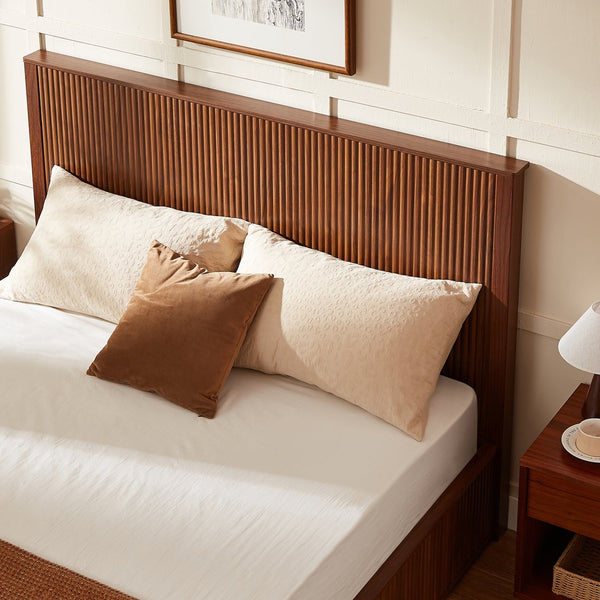 English Elm Natural Fluted Wood Platform Bed Minimalist Queen Frame with Tall Curved Headboard Walnut W5219S00001
