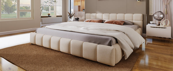 English Elm Christopher Knight Home® - Elegant Beige Chenille Upholstered King Bed With Checkerboard Headboard For Timeless Style & Comfort N769P264802A