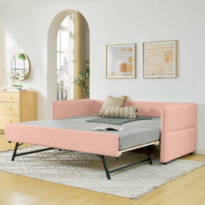 English Elm Daybed Boucle Upholstered Tufted Twin Trundle Sofa for Guest Bedroom Studio Lounge Pink W1413S00172
