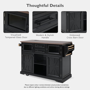 English Elm K&K 54.9" Farmhouse Kitchen Island Cart with Drop Leaf, Charging Station, Barn Doors & Glass Pane Black N707P300277B