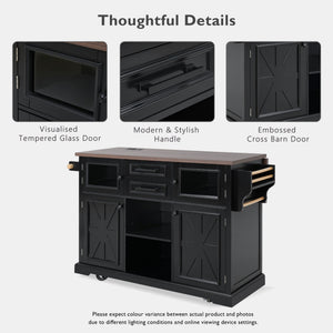 English Elm K&k Farmhouse Rolling Kitchen Island with Barn Doors Power Outlet and Drop Leaf Black N707S300277B