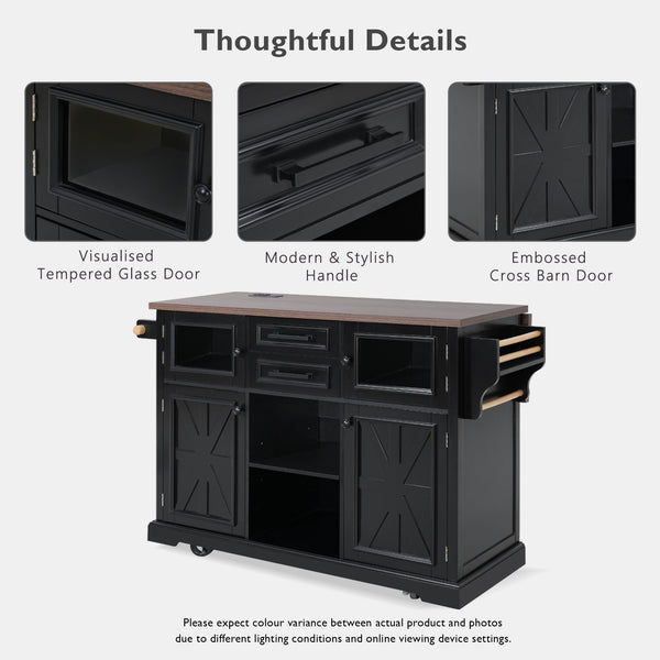 English Elm K&k Farmhouse Rolling Kitchen Island with Barn Doors Power Outlet and Drop Leaf Black N707S300277B