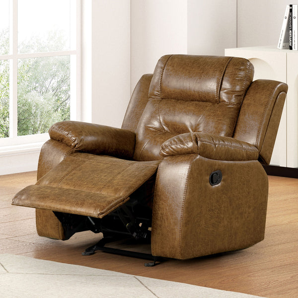 English Elm High Ezekius Manual Recliner with Pillow Top Arms and Leatherette Upholstery for Cozy Living Spaces Brown 31 L x 40 W x 27 H B2741P385039