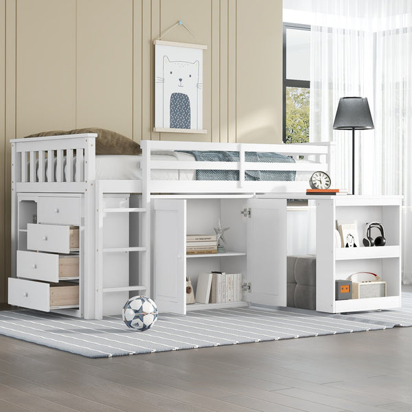 English Elm Twin Loft Bed Rubberwood Frame Pull Out Desk Storage Cabinet and Shelf Kids Room White W504S00288