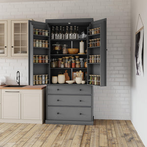 English Elm [Assembly 77in Farmhouse Kitchen Pantry Tall Freestanding Storage Cabinet with 3 Adjustable Shelves, 8 Door Shelves, 3 Drawers, Durable MDF Gray SP000047AAE