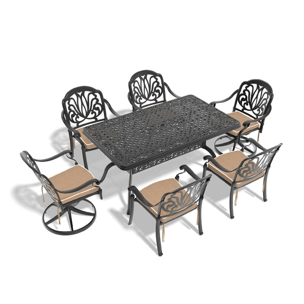 English Elm 7-Piece All-Weather Cast Aluminum Dining Set With Swivel Chairs, Cushions, And Rectangular Table W1710S00368