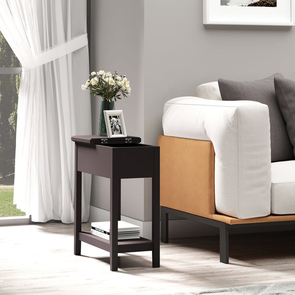 English Elm HOMCOM Narrow End Table with Flip-Top Storage Cabinet & Bottom Shelf, Retro Dark Coffee, Slim 23.5" W2225P217459