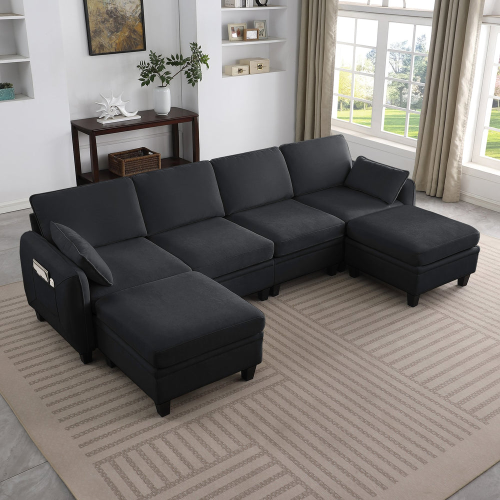 English Elm 102 Inch Linen Modular Sectional Sofa with Hidden Storage and Cloud Cushion Comfort Black W1099S00217