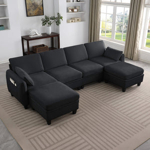 English Elm 102 Inch Linen Modular Sectional Sofa with Hidden Storage and Cloud Cushion Comfort Black W1099S00217