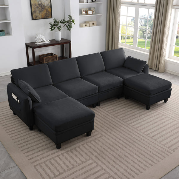 English Elm 102 Inch Linen Modular Sectional Sofa with Hidden Storage and Cloud Cushion Comfort Black W1099S00217