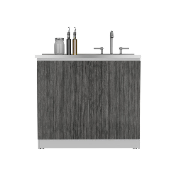 English Elm Freestanding Sink Cabinet With Double Doors & Adjustable Shelves In White And Smokey Oak Finish B097S00138