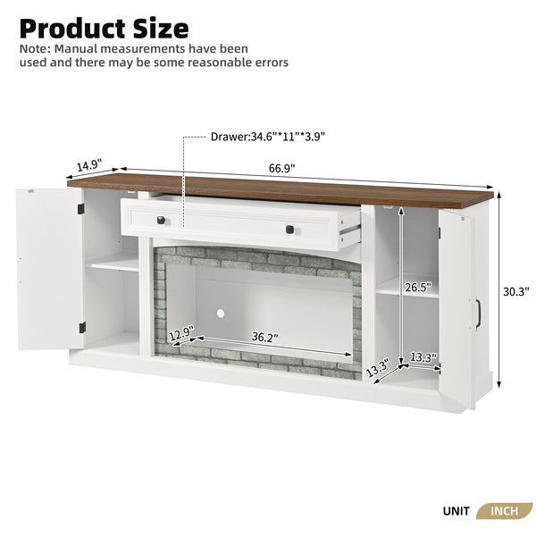 English Elm Elegant Walnut Media Console with Gray Brick Base Open Bay and Adjustable Shelving White N721P394506K