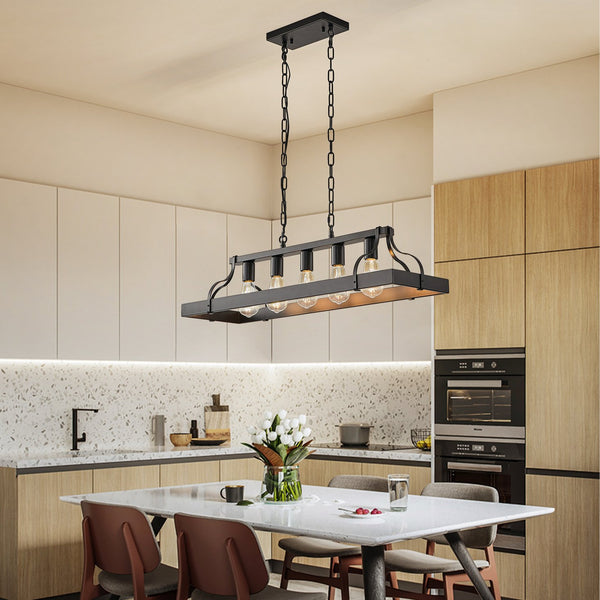 English Elm 34-Inch Industrial Pendant Light with 5 E26 Sockets, Adjustable Chain, Iron Linear Chandelier for Kitchen Matte Black W2312P374832