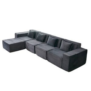 English Elm L-shaped Modular Sectional with Ottoman Corduroy Upholstery Four Seat Living Room Sofa Dark Gray W2699S00092