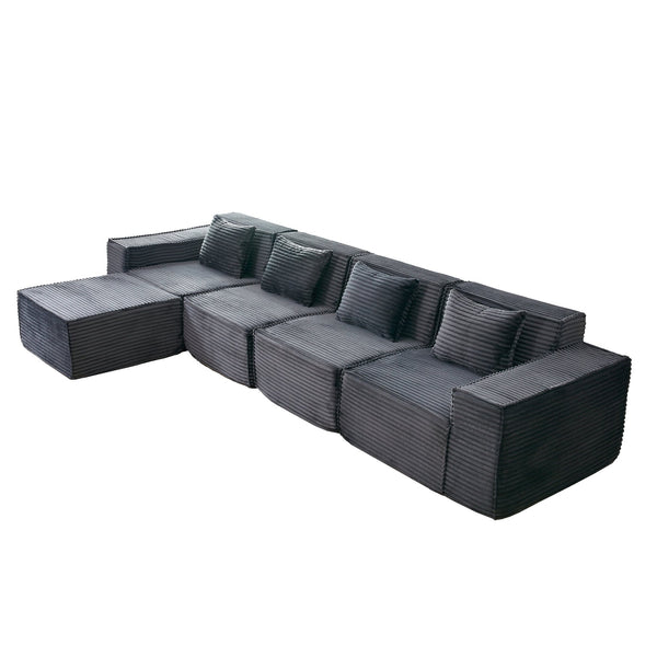 English Elm L-shaped Modular Sectional with Ottoman Corduroy Upholstery Four Seat Living Room Sofa Dark Gray W2699S00092