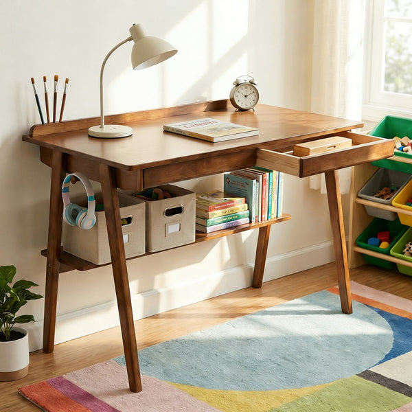 English Elm Solid Wood Writing Desk Mid Century Walnut Finish Two Drawers Shelf and Side Hooks W3204P465630