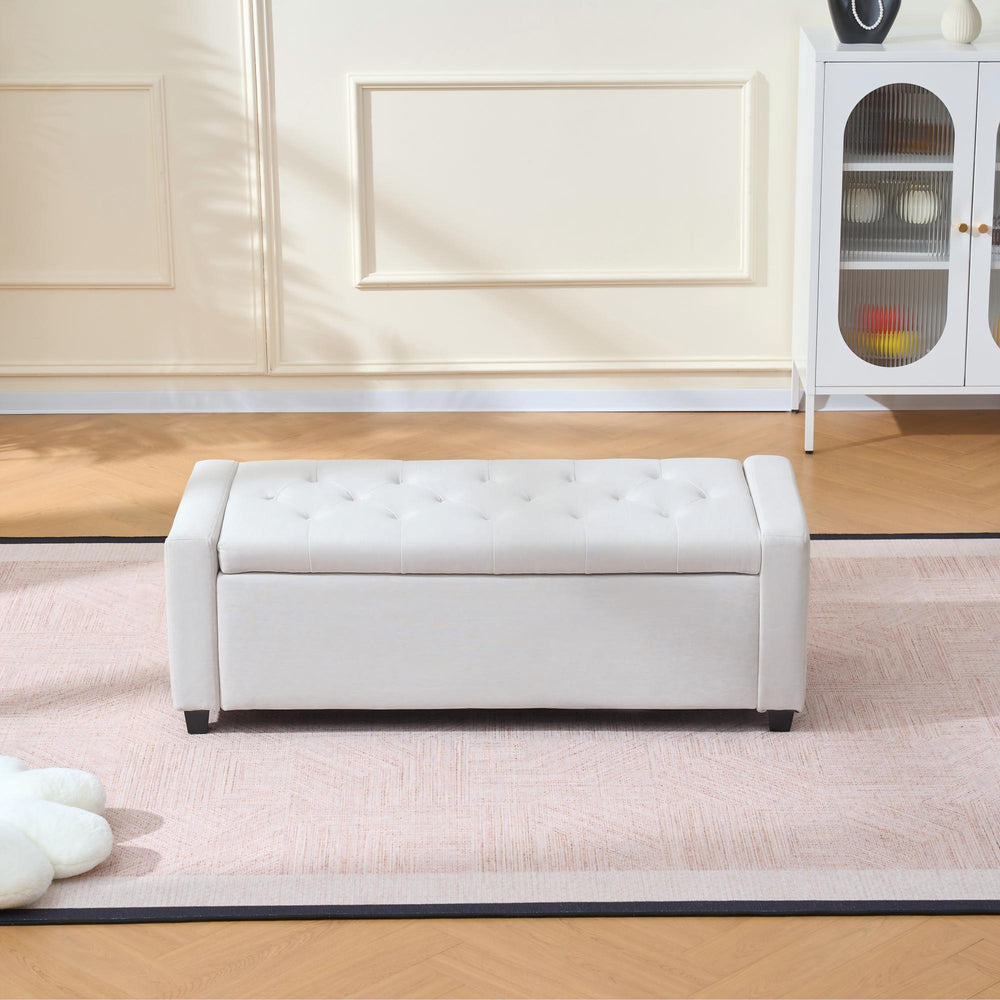 English Elm 48" Tufted Faux Linen Storage Bench with Arms Lift Top Ottoman for Bedroom Entryway Beige W3523P387532