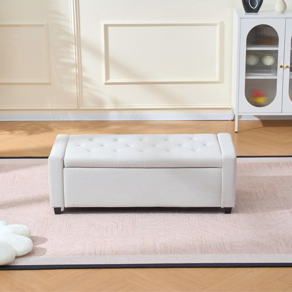 English Elm 48" Tufted Faux Linen Storage Bench with Arms Lift Top Ottoman for Bedroom Entryway Beige W3523P387532