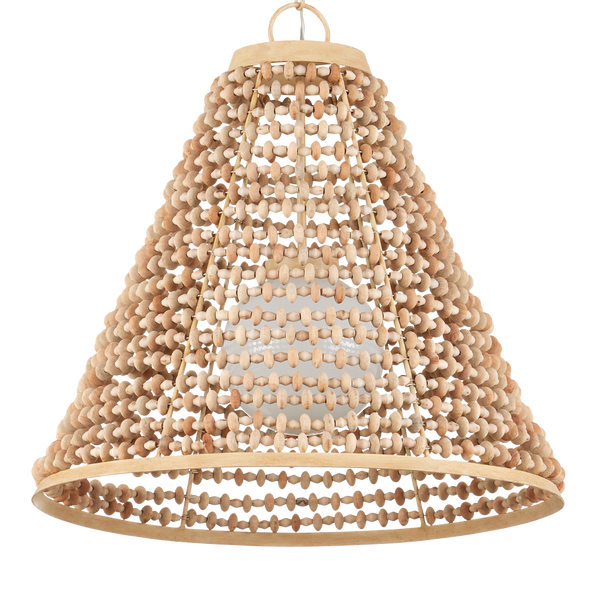 Pendulum Pendant - Bohemian Chic Light Fixture with Unique Wood Beads & Coco Cream Finish, 25.5"