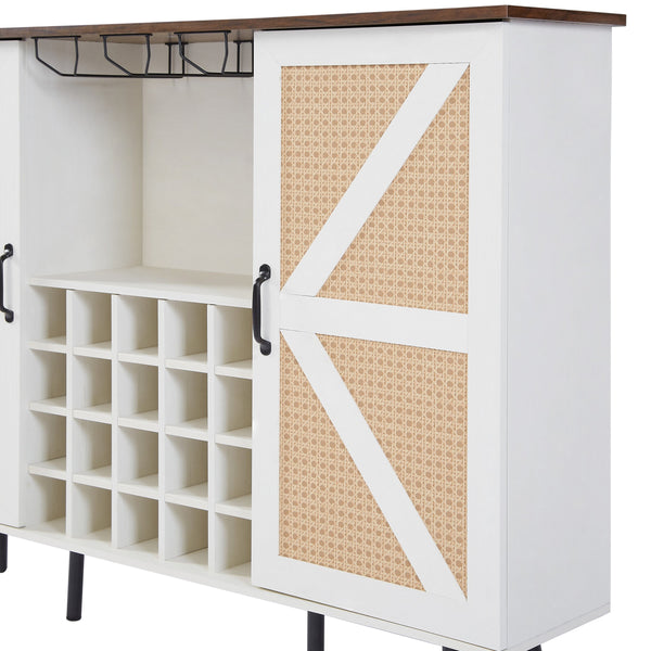 English Elm White Faux Rattan Barn Door Wine Cabinet with 20-Bottle Rack, Glass Holders & Adjustable Shelves W2702P183969