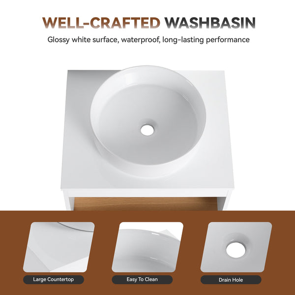 English Elm 24" Floating Oak Plywood Bathroom Vanity Set with Glossy Resin Sink Scandinavian Style W3450S00051