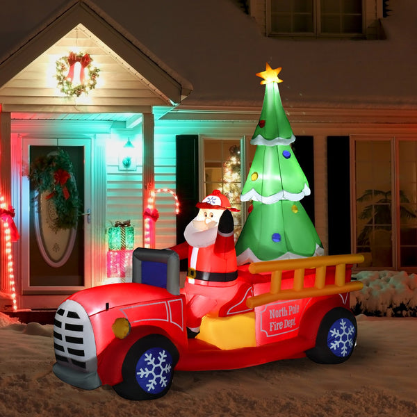 English Elm Homcom 7.5Ft Inflatable Santa In Fire Truck With Led Lights - Festive Outdoor Christmas Decoration! W2225P249948