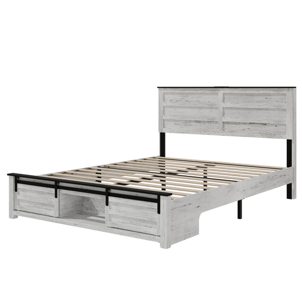 English Elm Queen Farmhouse Platform Bed Antique White Wood Frame Led Lighting and Charging Station W636P209999
