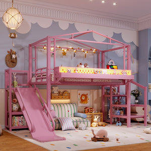 English Elm Twin Metal Loft Bed with Built-in Wardrobe Storage Stairs Led Lights and Usb Ports W5316S00046