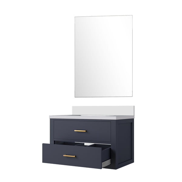 English Elm Blue Single Sink Vanity Set With White Quartz Countertop & Frameless Mirror - Stylish Bathroom Upgrade B2731S01426
