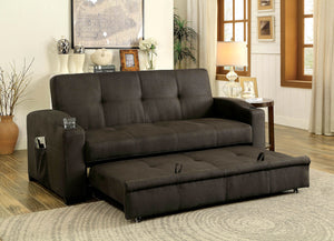 English Elm Transitional Futon Sofa with Pull-Out Trundle, Button Tufted Brown Upholstery, Cup Holders & Pockets B2741S00486