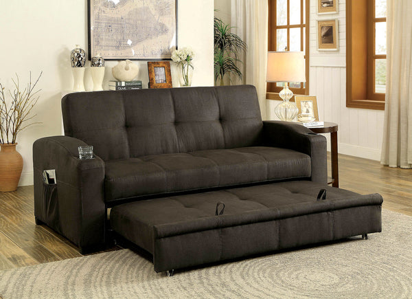 English Elm Transitional Futon Sofa with Pull-Out Trundle, Button Tufted Brown Upholstery, Cup Holders & Pockets B2741S00486