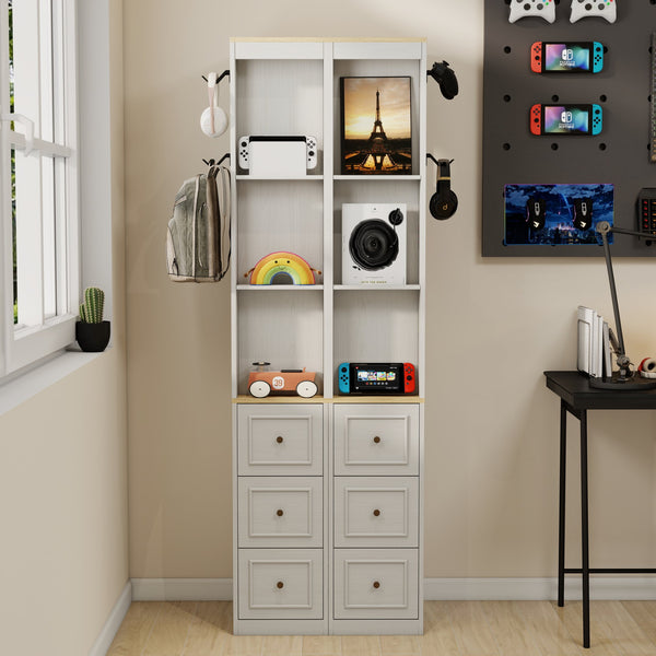 English Elm 73" Slim Tower Cabinet Antique White Mdf with Drawers Hooks and Display Shelves W1120P327084